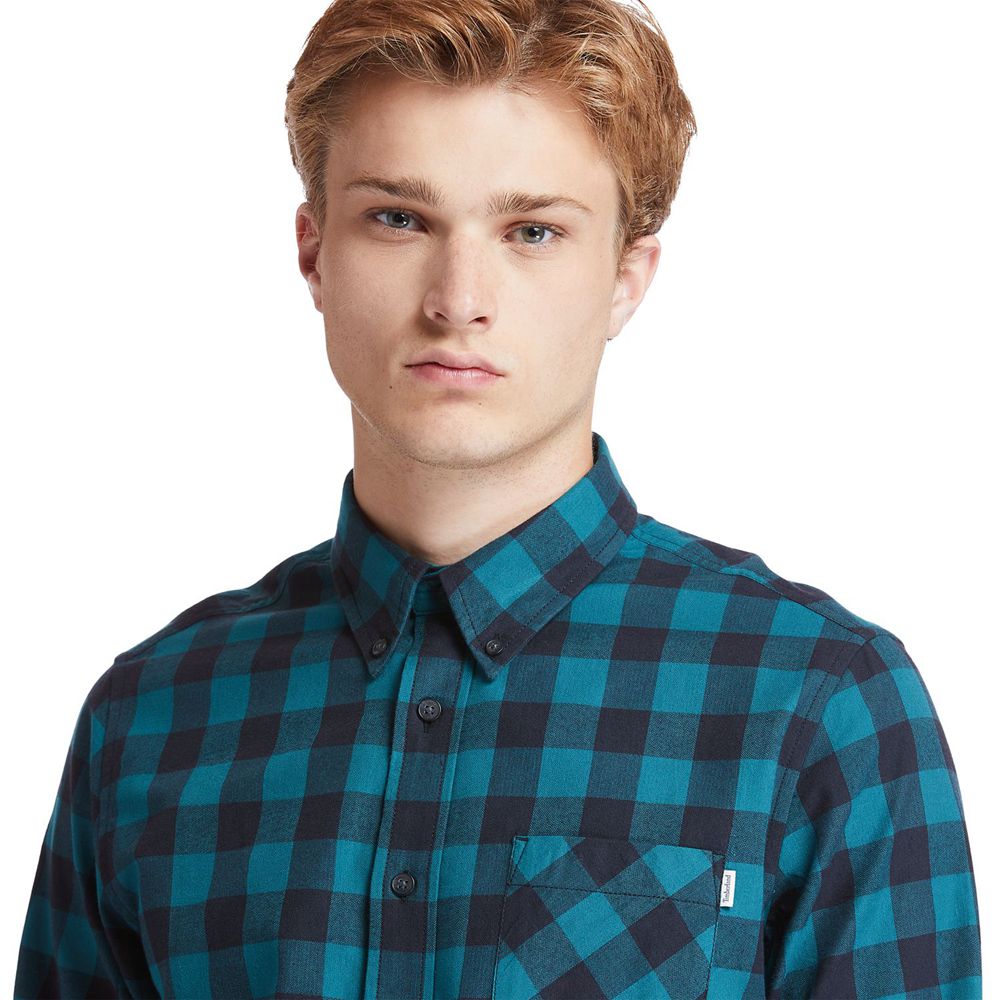 Camisa Timberland Hombre Nashua River Long-Sleeve Flannel Check Azules/Negras - Chile YOL-350198